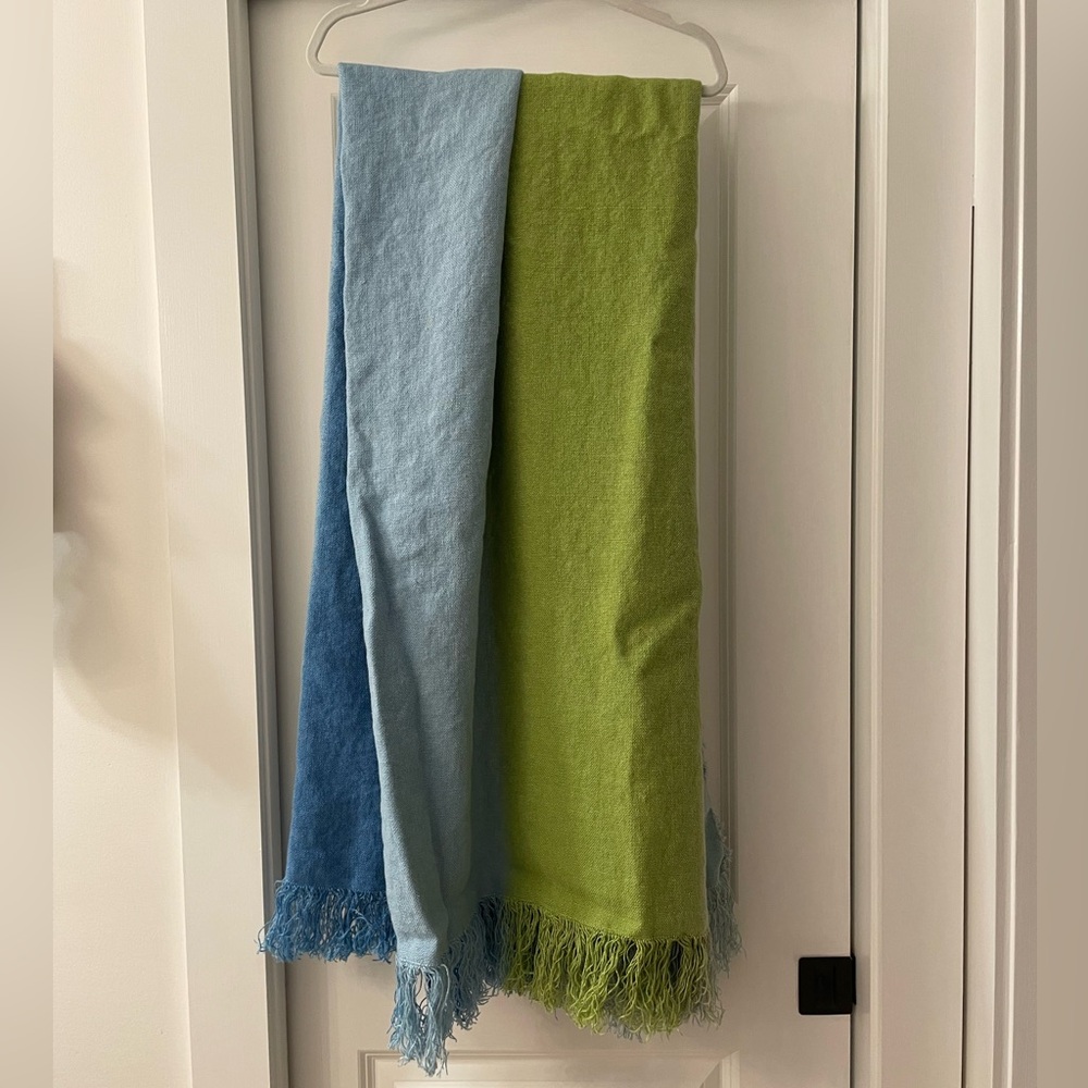 Designer’s Guild Blue and Green Fringed Linen Throw Blanket